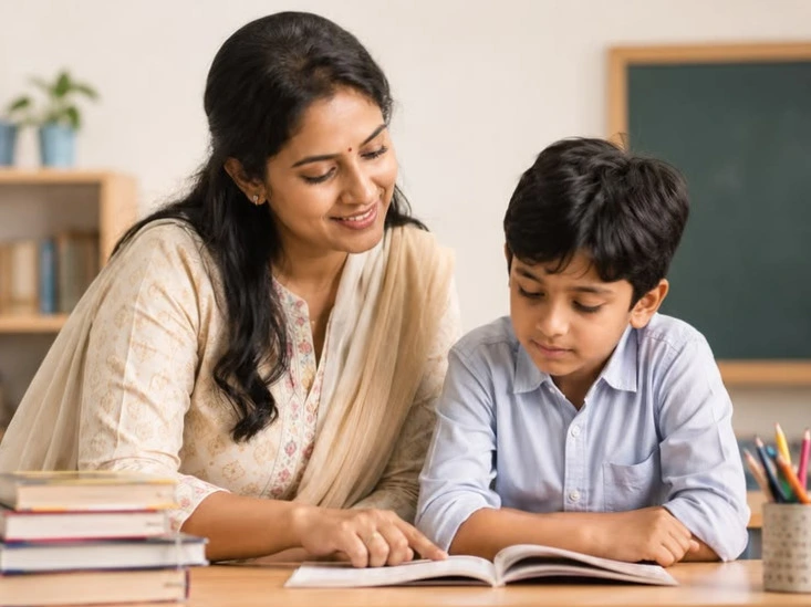 loving_mother_happily_helping_her_young_child_with_school homework at a wooden table